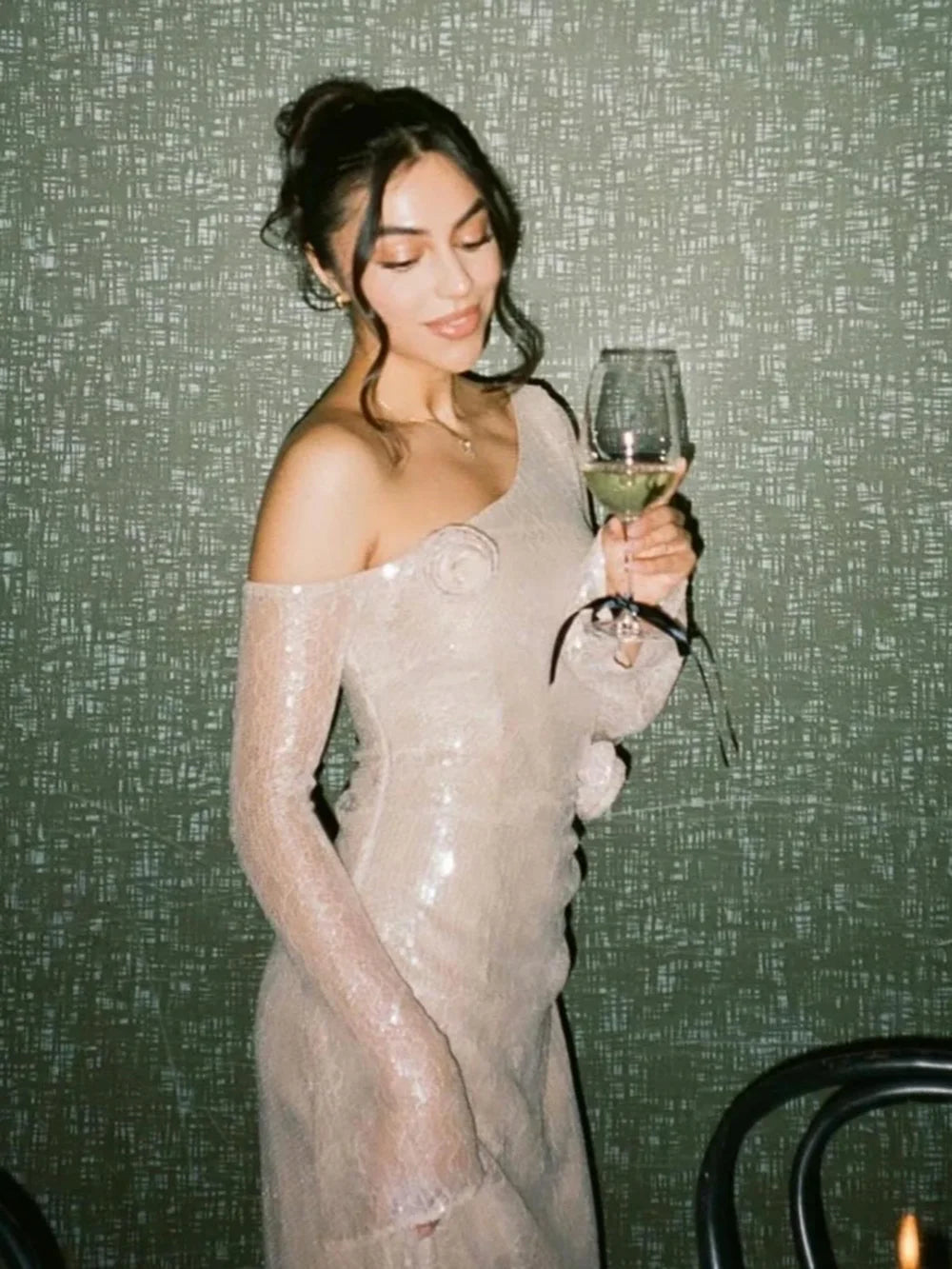 Sequin One-Shoulder Rosette Applique Long Sleeve Column Maxi Gown 4