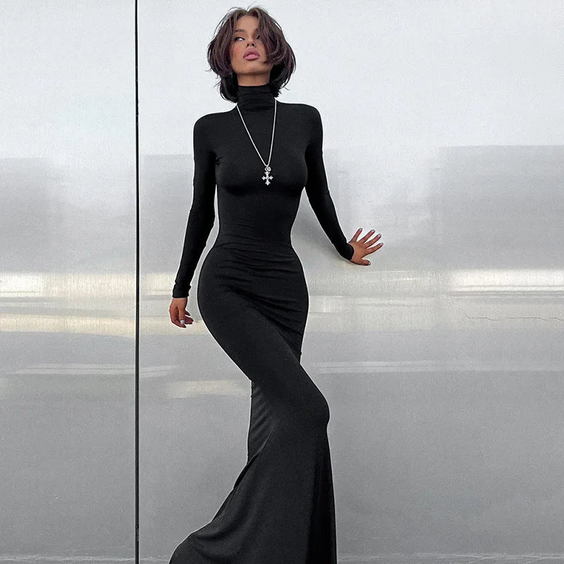 Ribbed Knit Mock Neck Long Sleeve Bodycon Maxi Dress 5