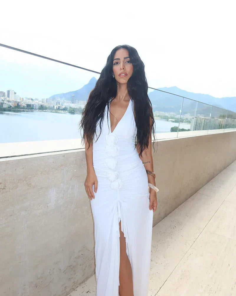 Halter Deep V Rosette Ruched Ruffle Slit Maxi Gown 7
