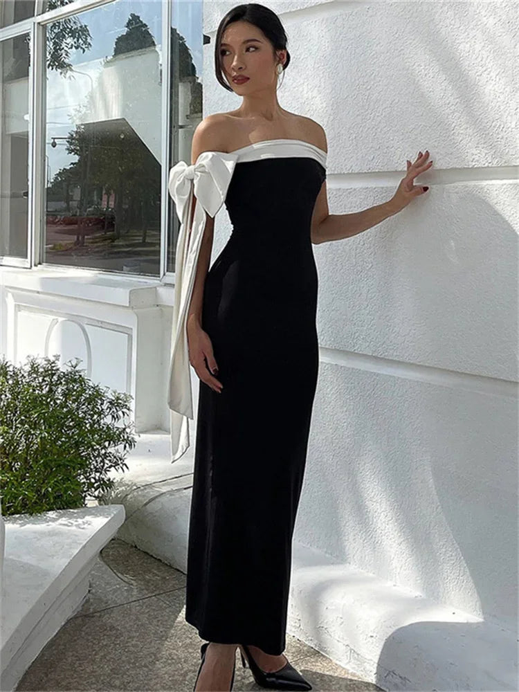 Off Shoulder Contrast Bow Shoulder Ribbon Bodycon Maxi Dress 3