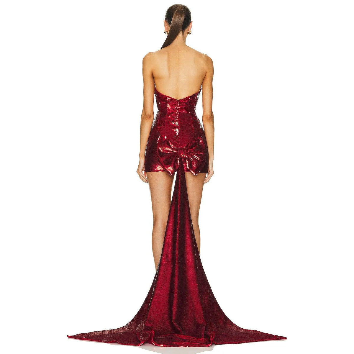 Strapless Sequin Bow Back Train Mini Dress 13
