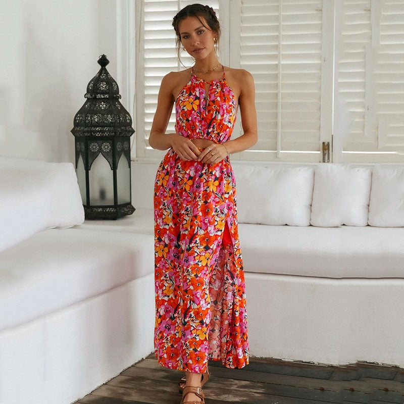 Halter Neck Keyhole Chest Waist Cutout Floral Print Side Slit Maxi Dress 3