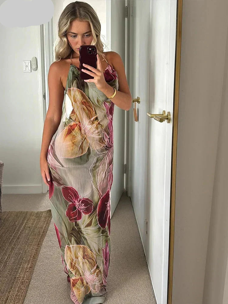 Floral Print Cowl Neck Halter Spaghetti Strap Maxi Dress 7