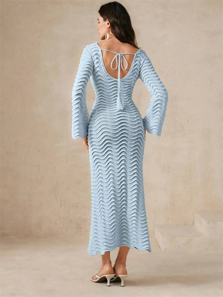 Hollow Out Knit Lace-Up Patchwork Midi Dress 5