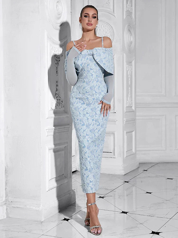 Spaghetti Strap Draped Bow Overlay Floral Lace Mesh Sleeve Midi Dress 3