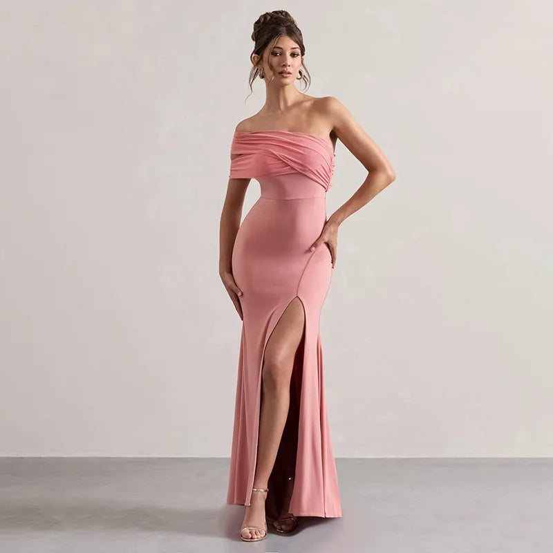 One Shoulder Draped Ruched Thigh Slit Bodycon Floor Length Gown