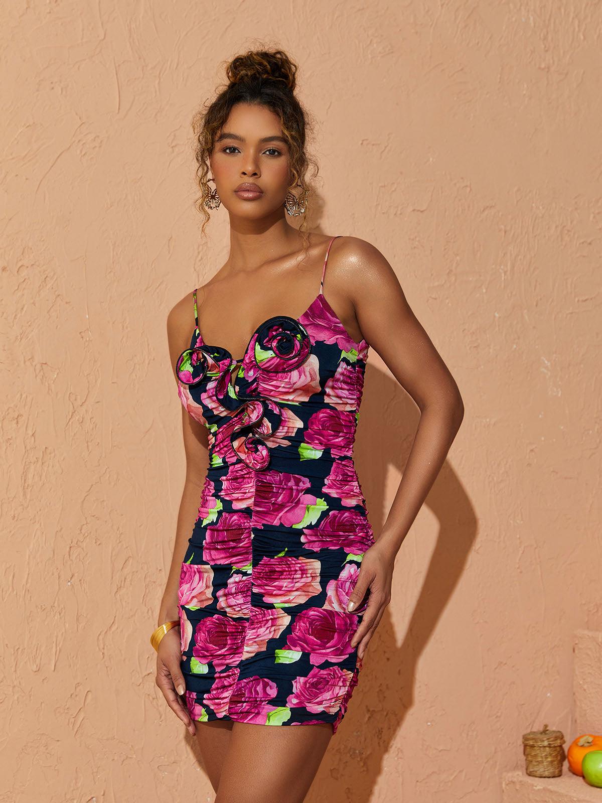 Sweetheart Neck Spaghetti Strap Rosette Applique Ruched Floral Mini Dress 3