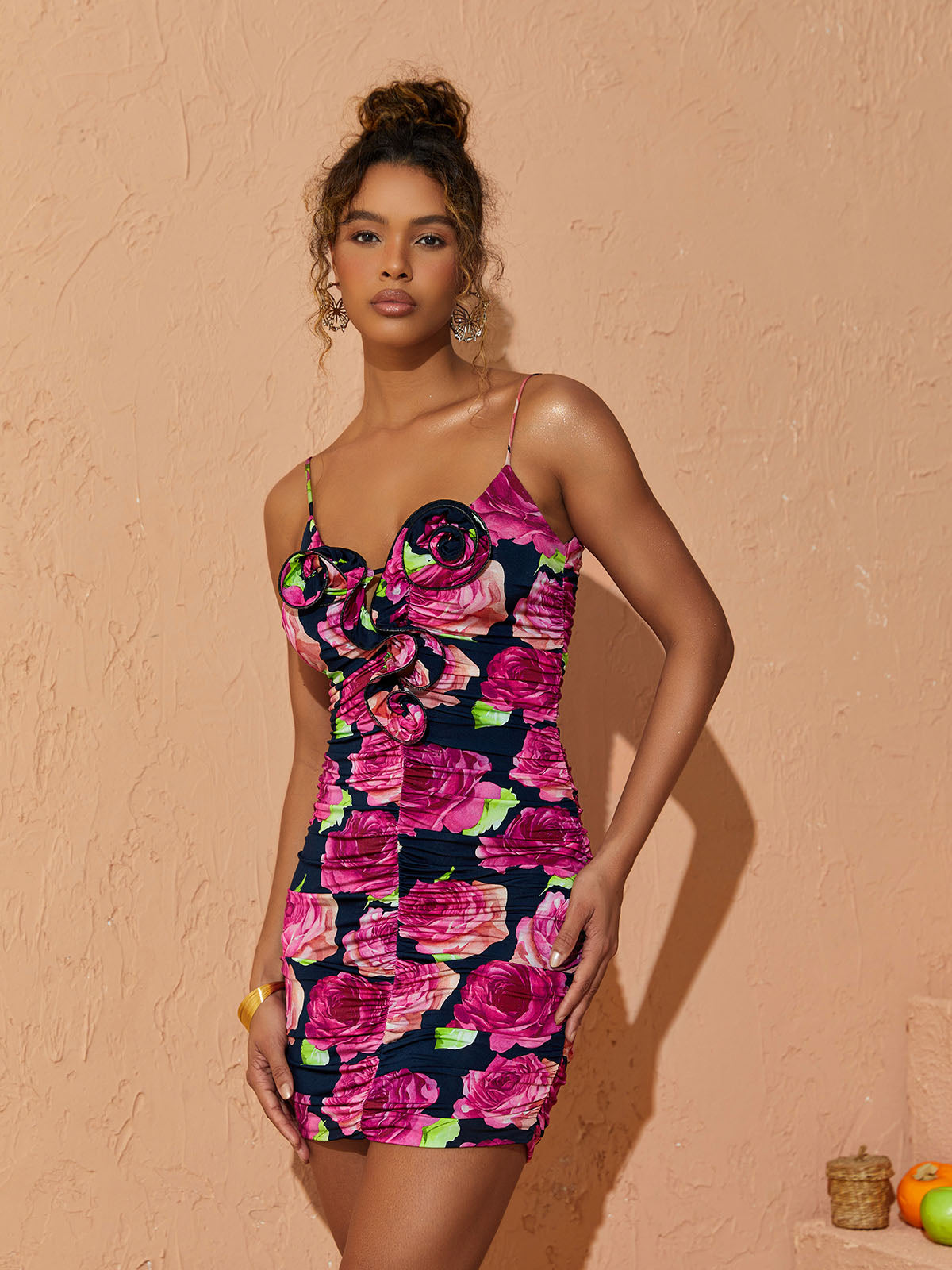 Applique Sweetheart Spaghetti Strap Ruched Floral Print Mini Dress 3