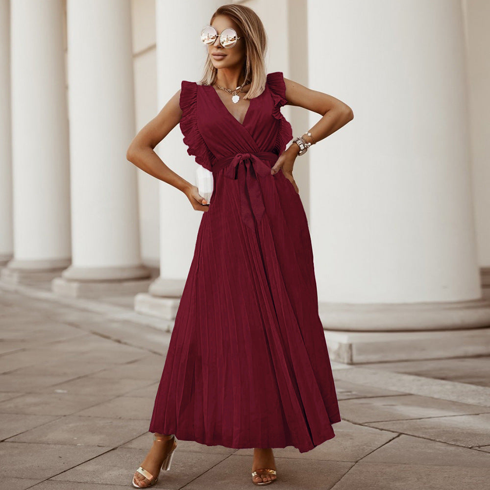 Deep V Ruffle Shoulder Belted Accordion Pleat Chiffon Maxi Dress