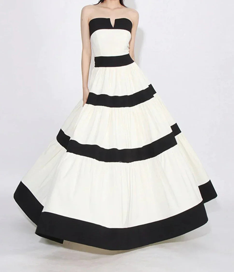 Strapless V Notch Neckline Tiered Horizontal Banded Full Skirt Gown 4