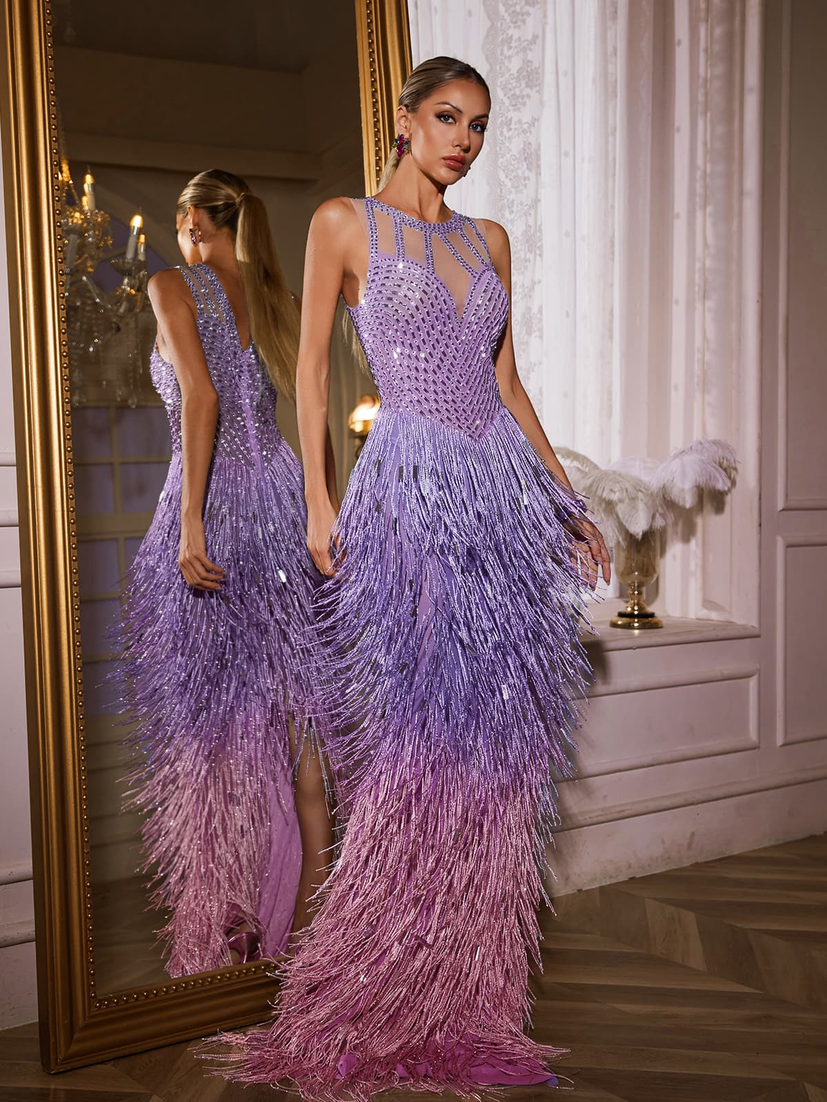 Illusion Neckline Sheer Panel Geometric Sequin Tiered Fringe Maxi Gown