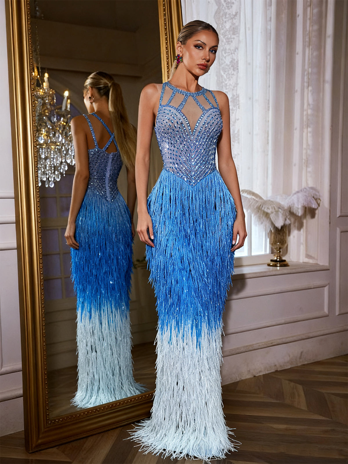 Illusion Neckline Sheer Panel Geometric Sequin Tiered Fringe Maxi Gown