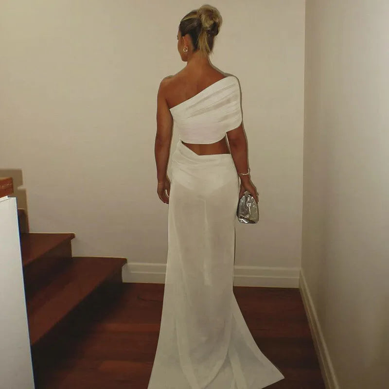 One Shoulder Mesh Draped Crop Top High Slit Maxi Skirt Set 6