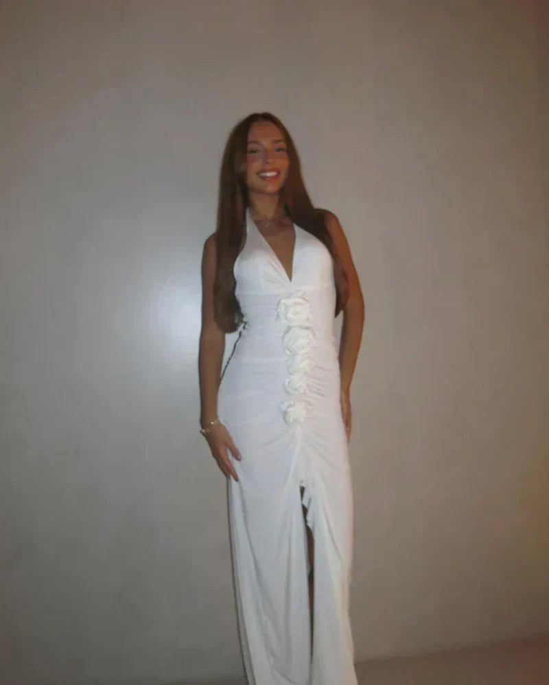Halter Deep V Rosette Ruched Ruffle Slit Maxi Gown 6