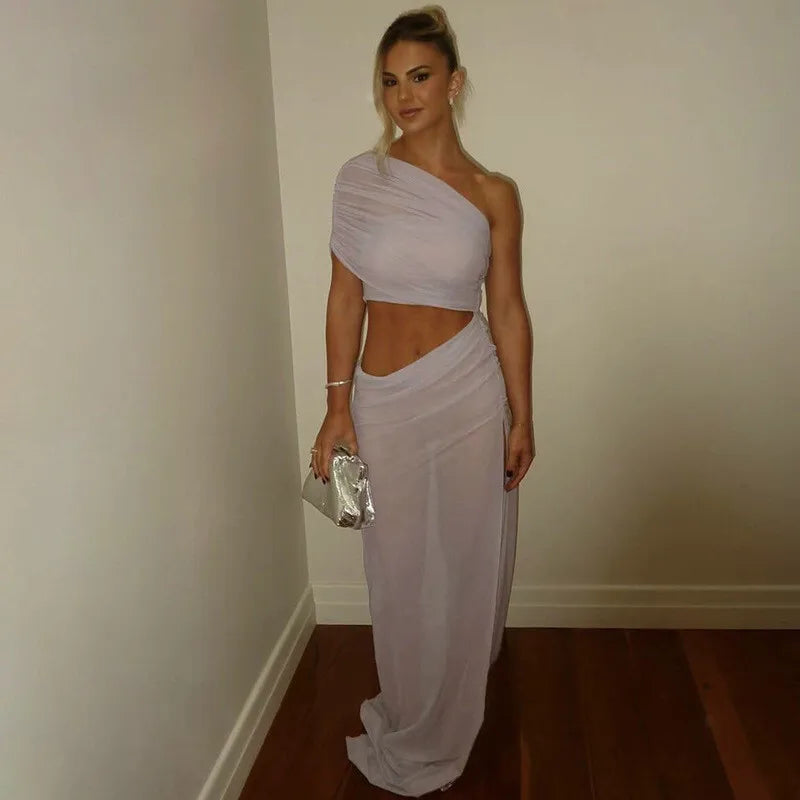 One Shoulder Mesh Draped Crop Top High Slit Maxi Skirt Set 11