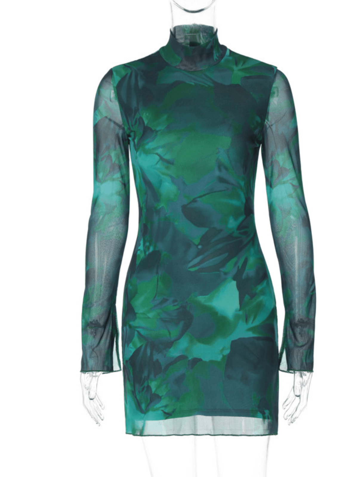 Mock Neck Long Sleeve Abstract Watercolor Print Mesh Mini Dress 6