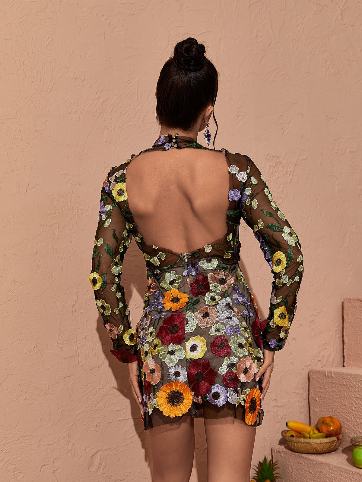 Crew Neck Long Sleeve Mesh Floral Applique Mini Dress 2