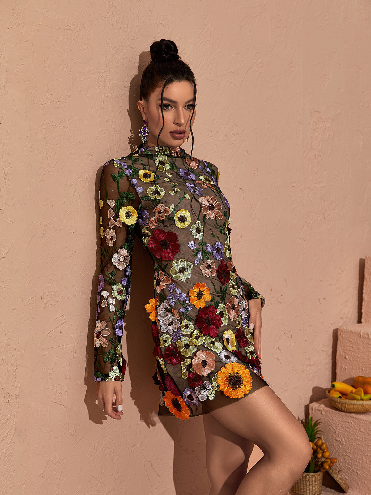 Crew Neck Long Sleeve Mesh Floral Applique Mini Dress 3
