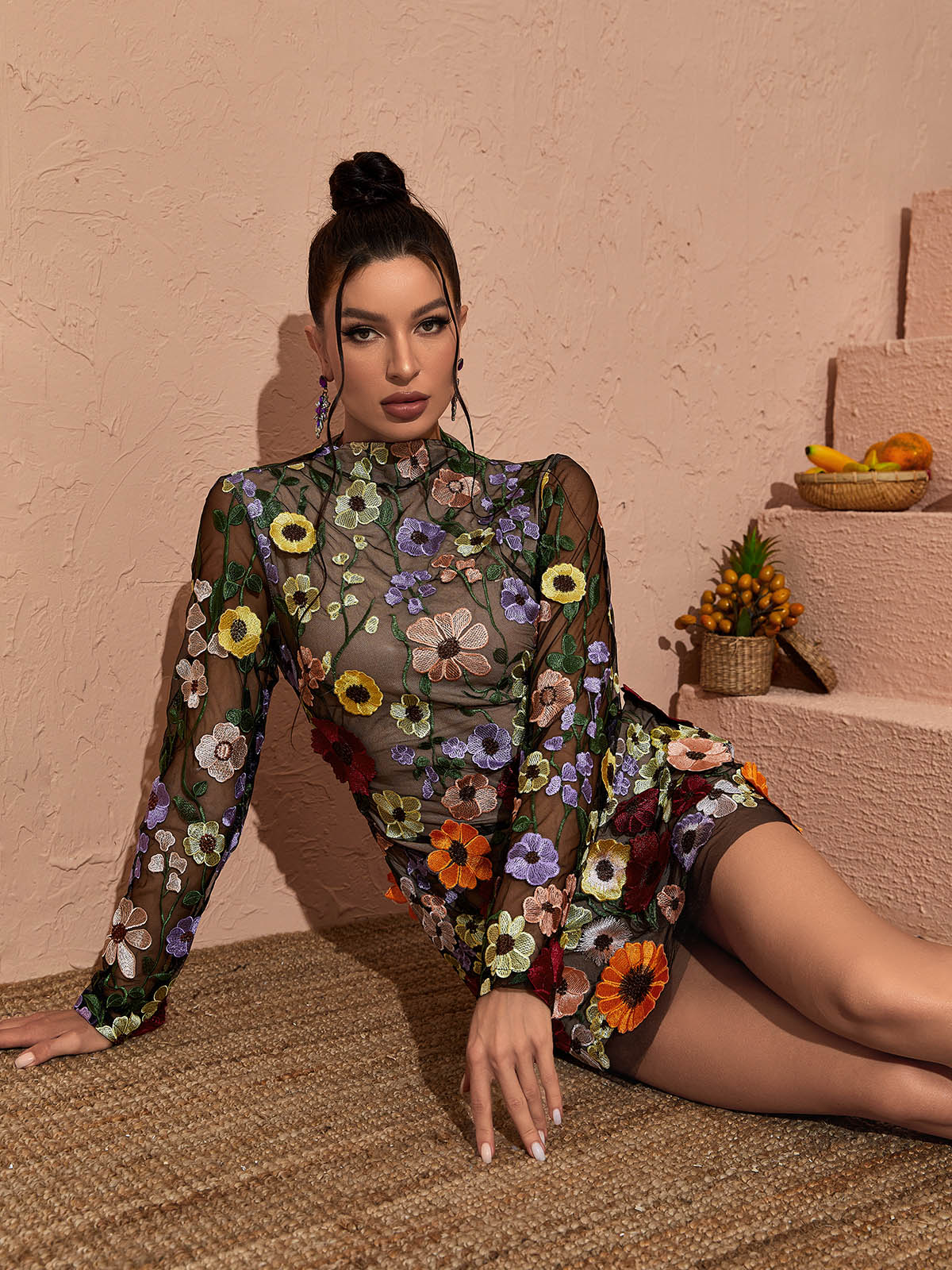 Crew Neck Long Sleeve Mesh Floral Applique Mini Dress 5
