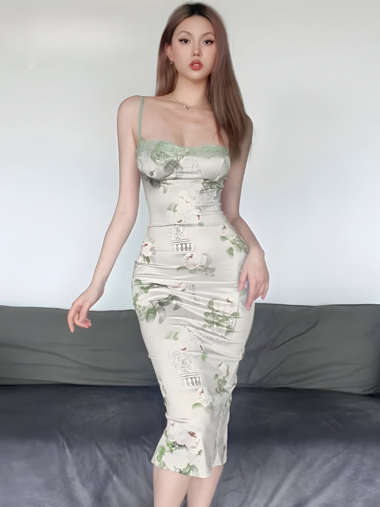 Lace Trim Square Neck Floral Print Satin Cami Midi Dress
