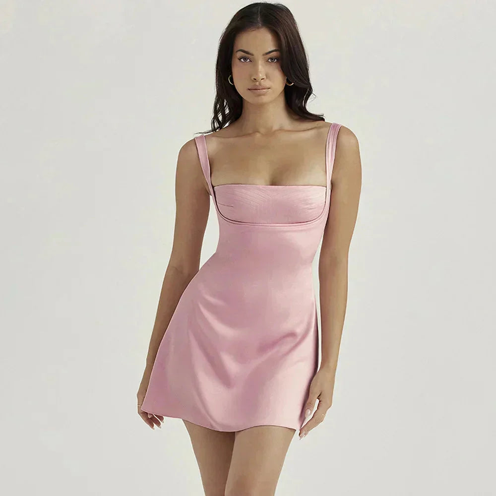 Square Neck Underwire Bust Wide Strap Satin Mini Dress 6