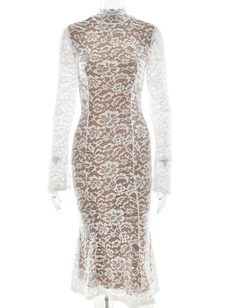 Floral Lace Mock Neck Long Sleeve Trumpet Hem Midi Dress 6