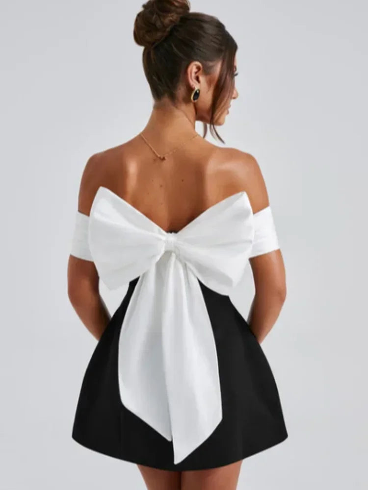 Off Shoulder Draped Fold Bodice Contrast Bow Back A-Line Mini Dress 5