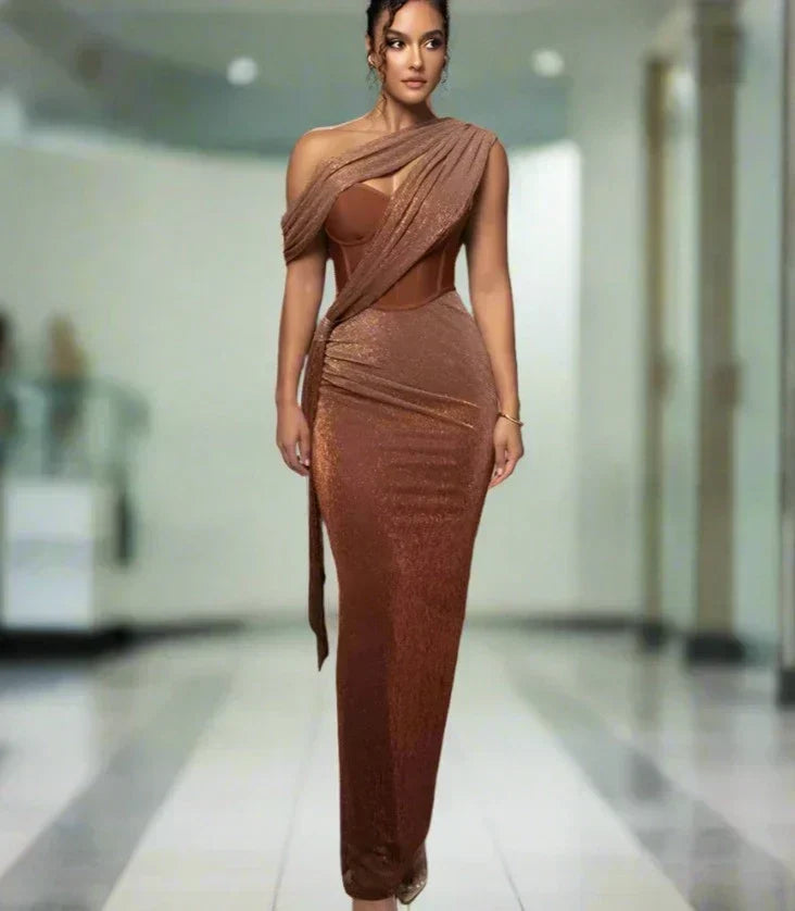One Shoulder Draped Glitter Corset Maxi Gown 2