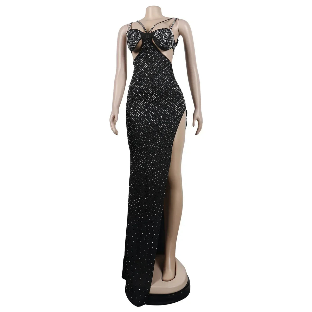 Rhinestone Mesh Spaghetti Strap Waist Cutout High Slit Maxi Dress 7