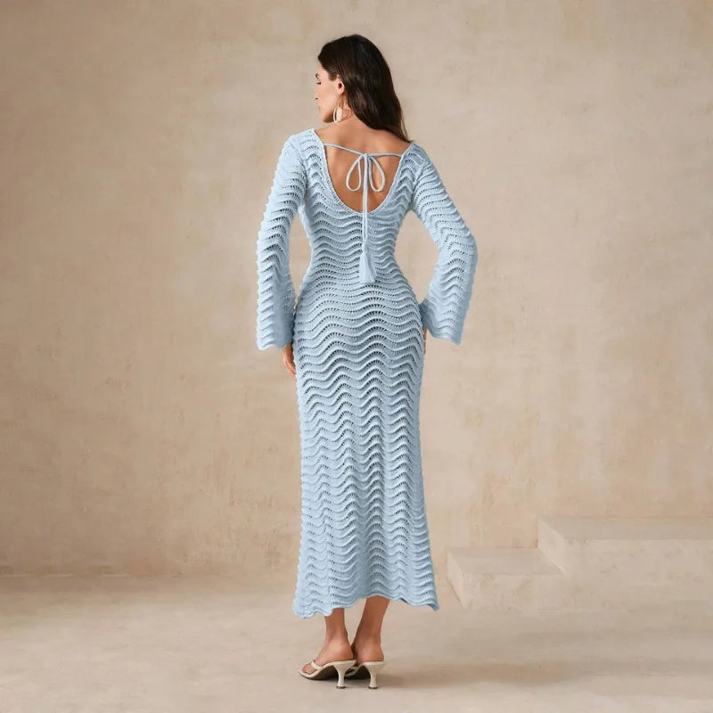 Hollow Out Knit Lace-Up Patchwork Midi Dress 8