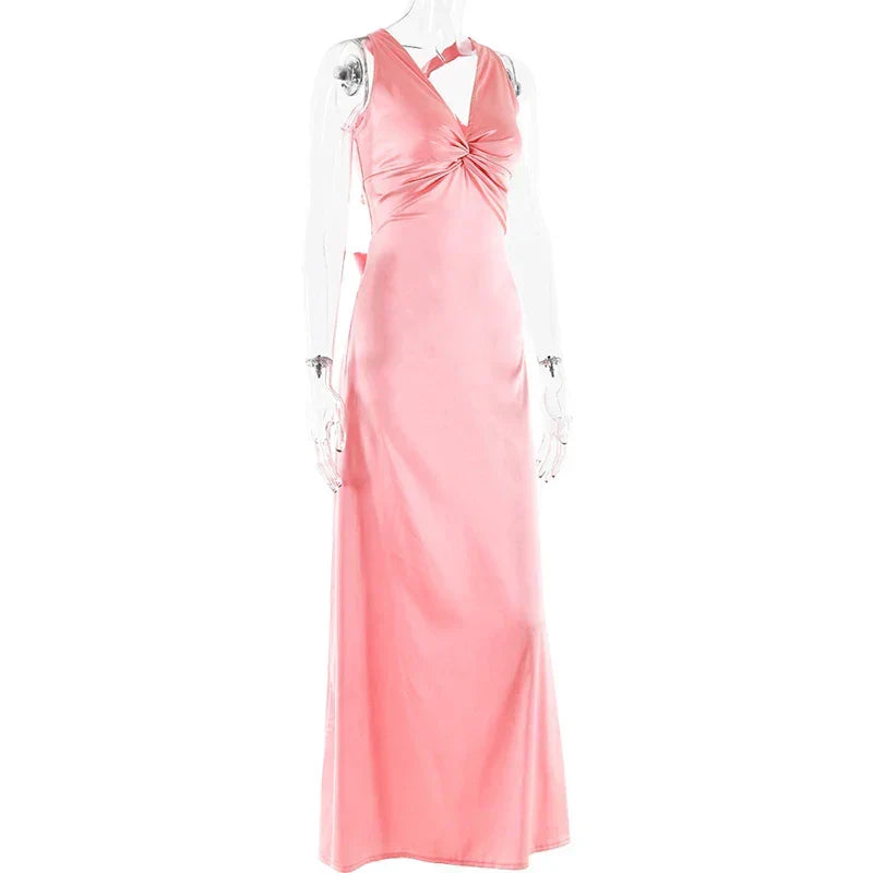 V-Neck Twist Front Bow Back Satin Maxi Dress 8