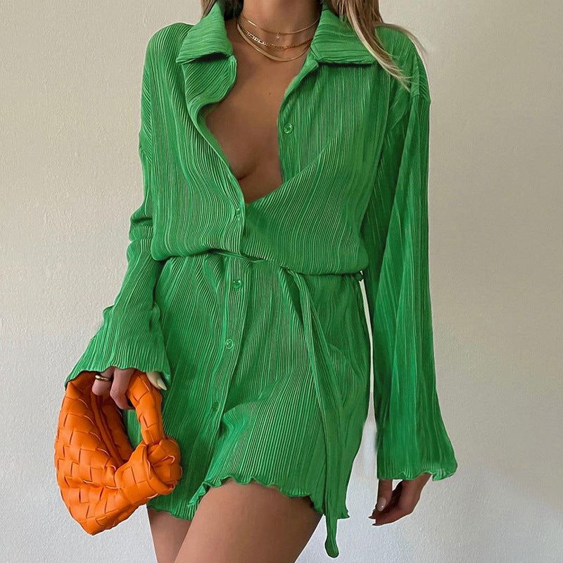 Collared Button Front Pleated Tie Waist Shirt Mini Dress