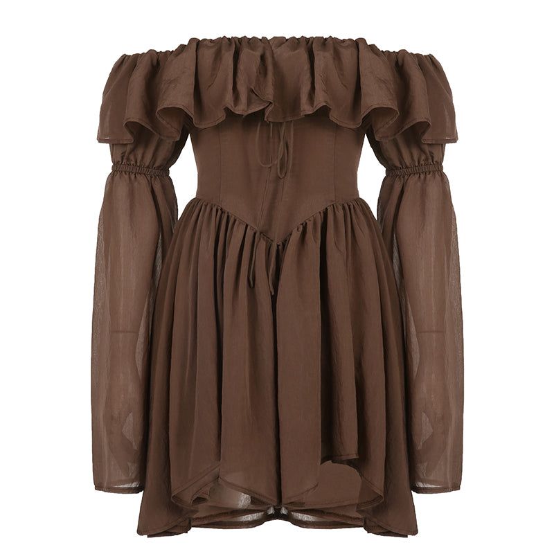 Off-Shoulder Corset Ruffle Trim Balloon Sleeve Handkerchief Hem Mini Dress 4