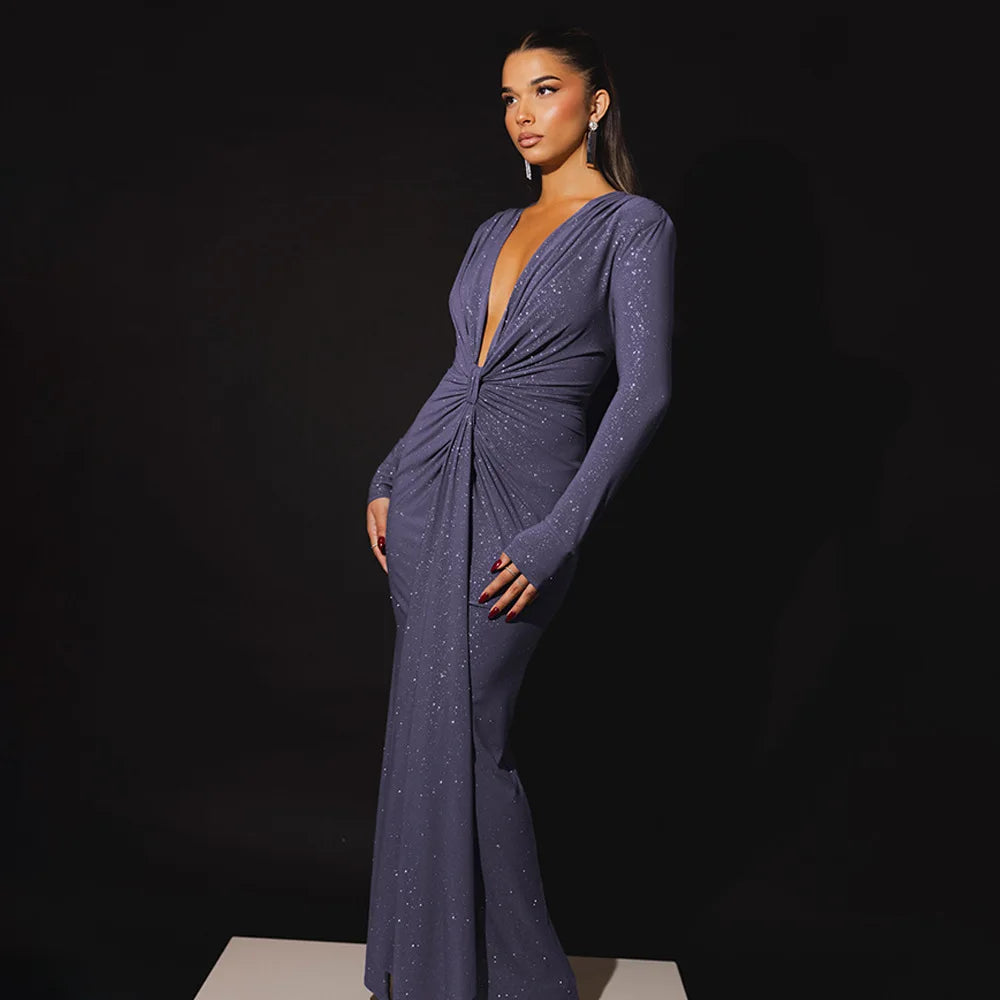 Deep V Long Sleeve Twist Waist Ruched Shimmer Maxi Gown