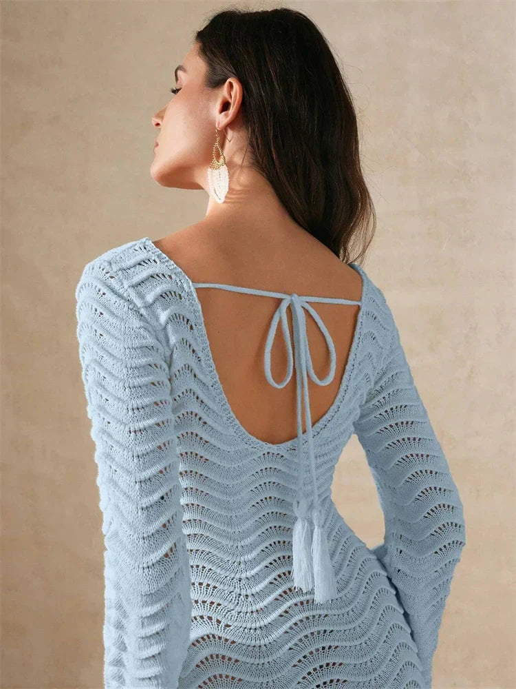 Hollow Out Knit Lace-Up Patchwork Midi Dress 4