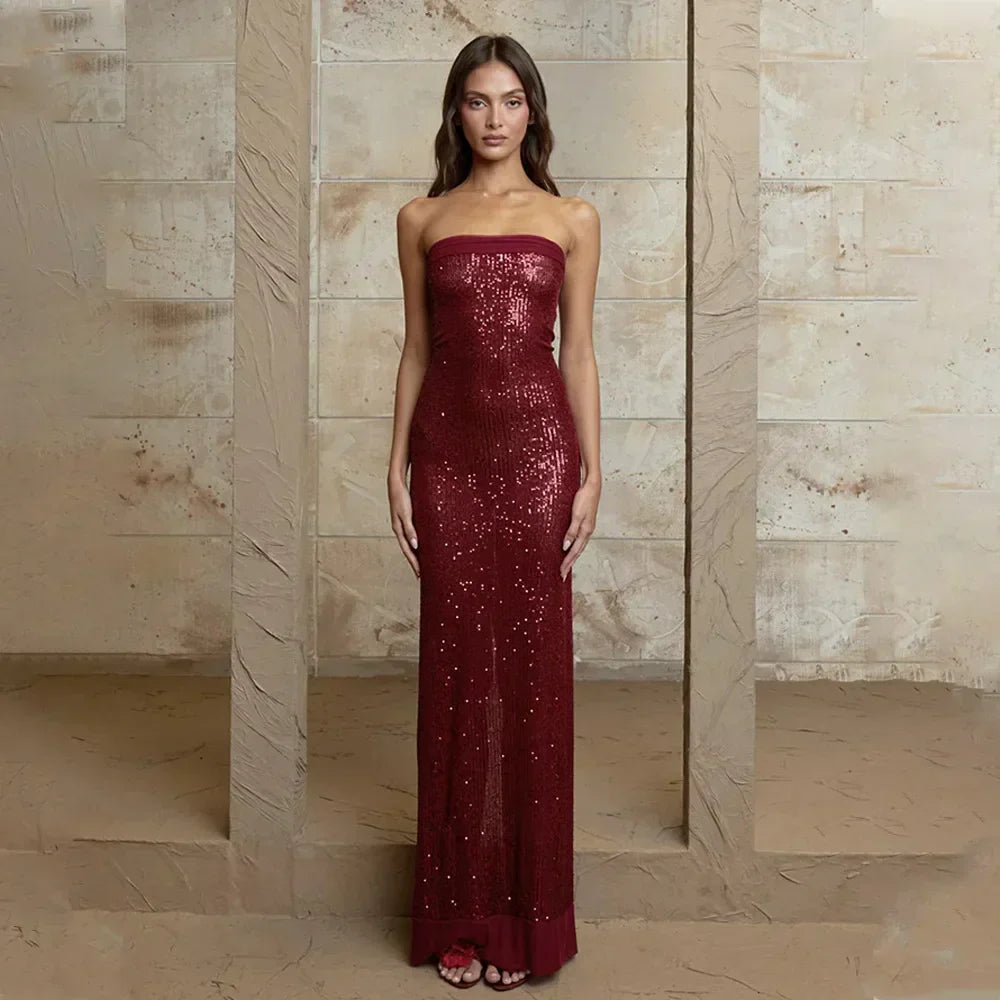 Strapless Sequin Hooded Sheer Shawl Mermaid Bodycon Maxi Gown 7