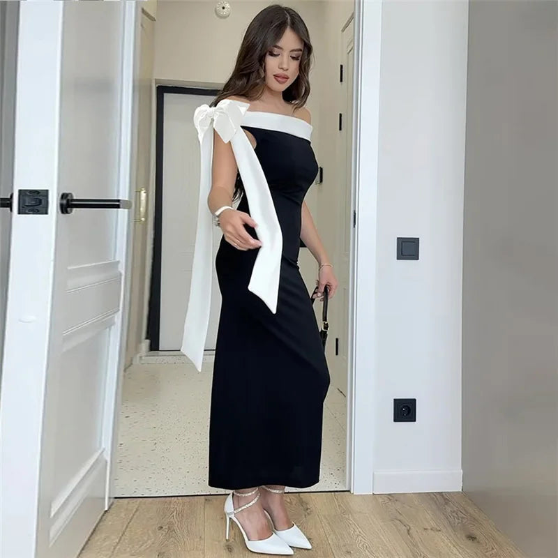 Off Shoulder Contrast Bow Shoulder Ribbon Bodycon Maxi Dress 10