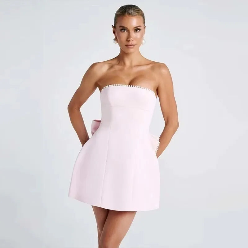 Pearl Trim Neckline Princess Seam Oversized Bow Back Fit and Flare Mini Dress 9
