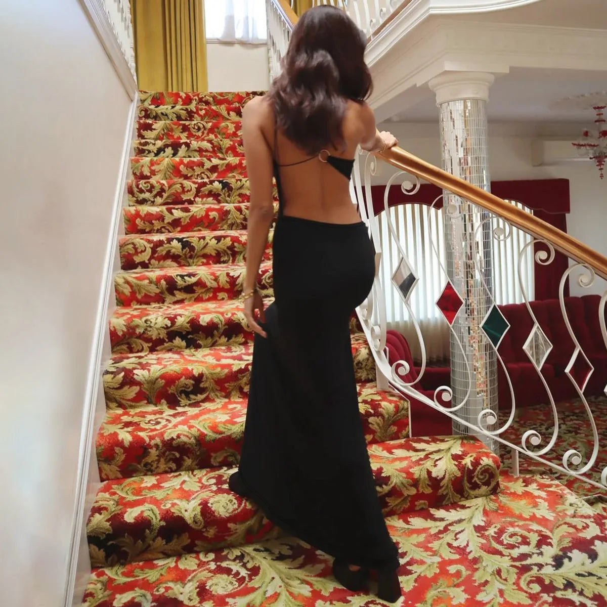 One-Shoulder Teardrop Cutout Waist Cutout High Slit Bodycon Maxi Dress 4