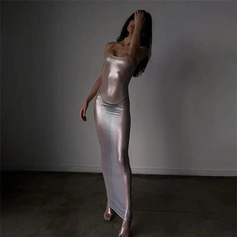 Sheer Metallic Mesh Long Sleeve High Neck Maxi Dress 3