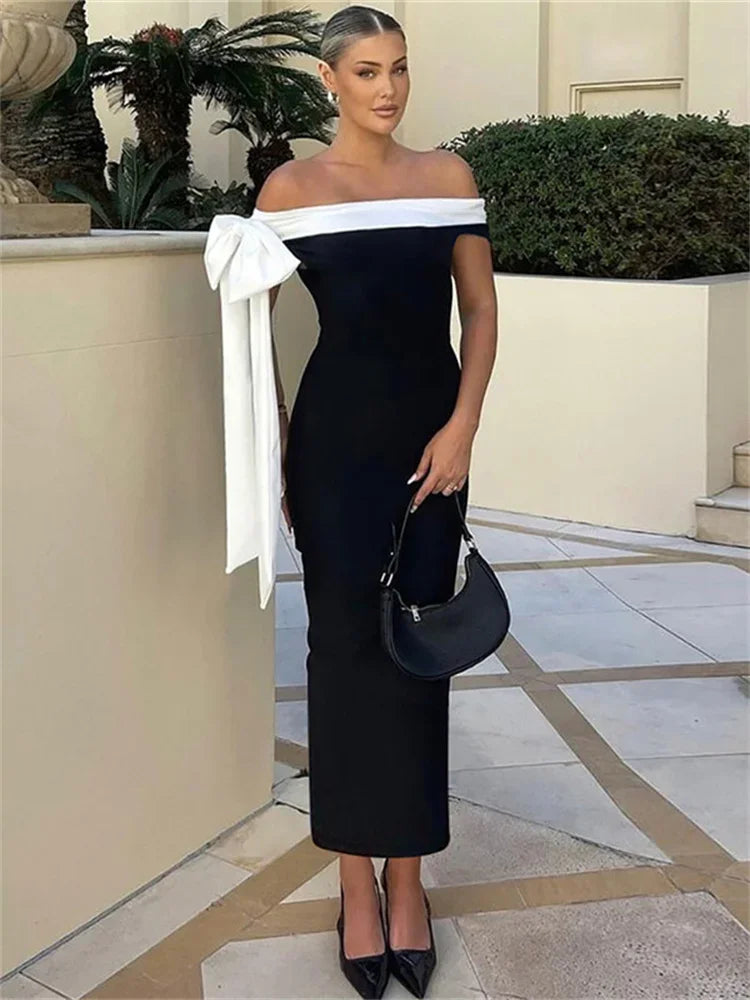 Off Shoulder Contrast Bow Shoulder Ribbon Bodycon Maxi Dress 2