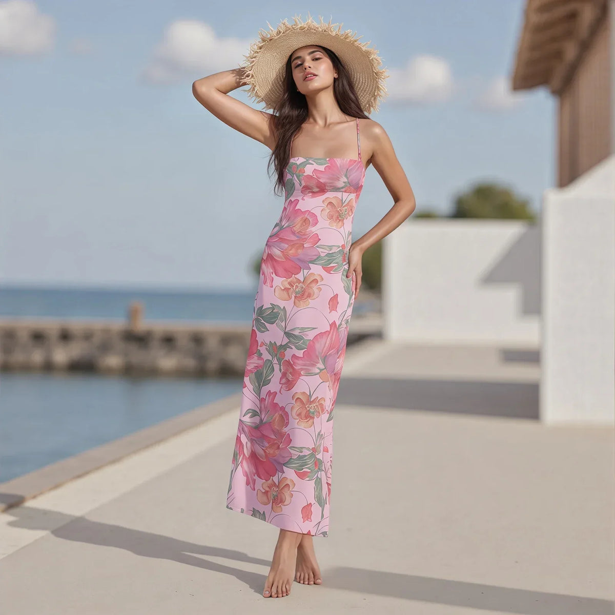 Square Neck Spaghetti Strap Floral Print Bodycon Maxi Dress 3