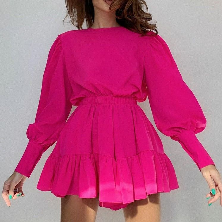 Crew Neck Lantern Sleeve Elastic Waist Tiered Ruffle Mini Dress