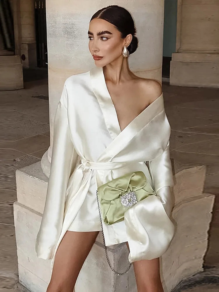 Satin Deep V Wrap Tie Waist Bell Sleeve Mini Dress 2