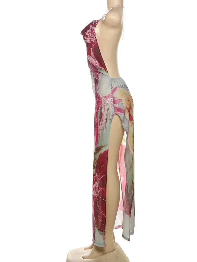 Floral Print Cowl Neck Halter Spaghetti Strap Maxi Dress 3