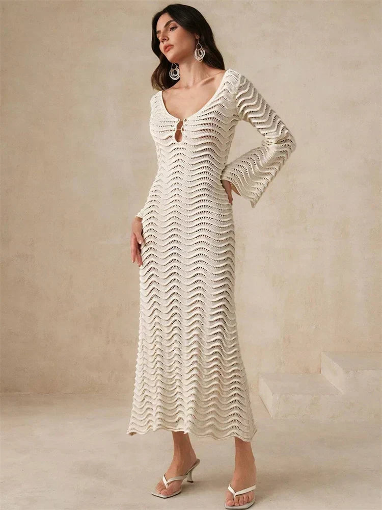Hollow Out Knit Lace-Up Patchwork Midi Dress 2