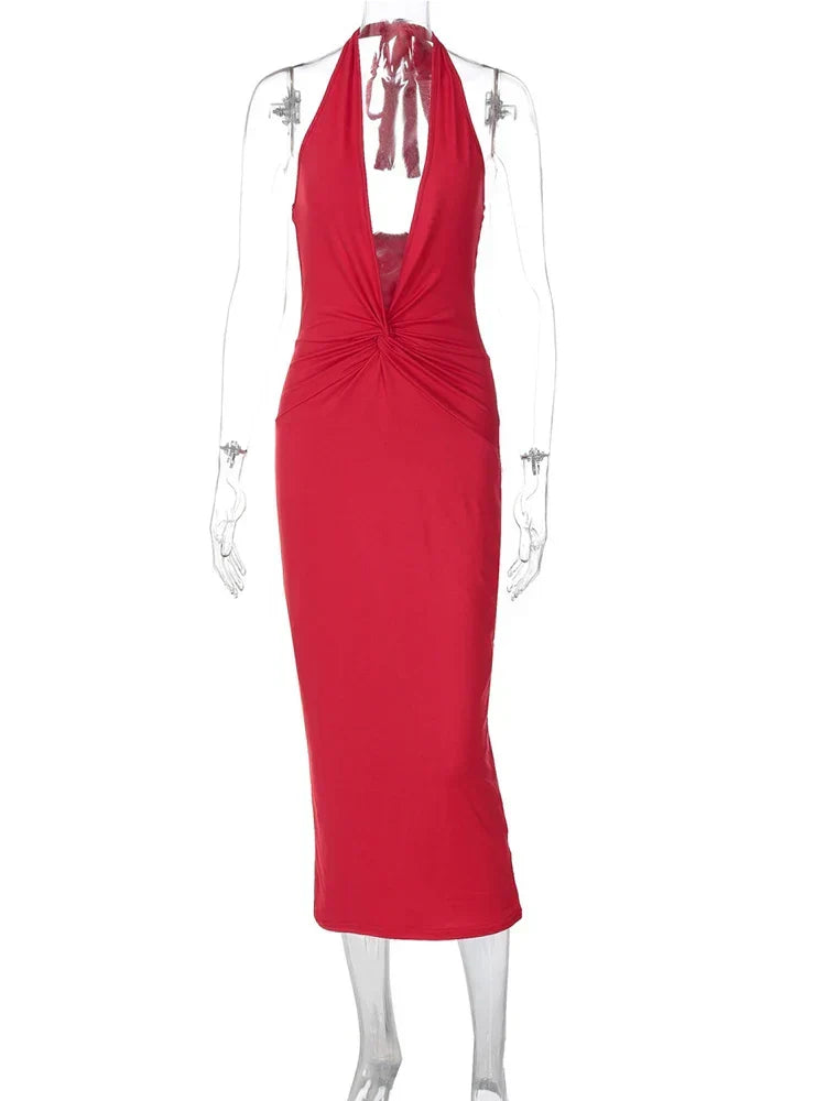 Halter Plunge V Neck Twist Waist Ruched Bodycon Mini Dress 10