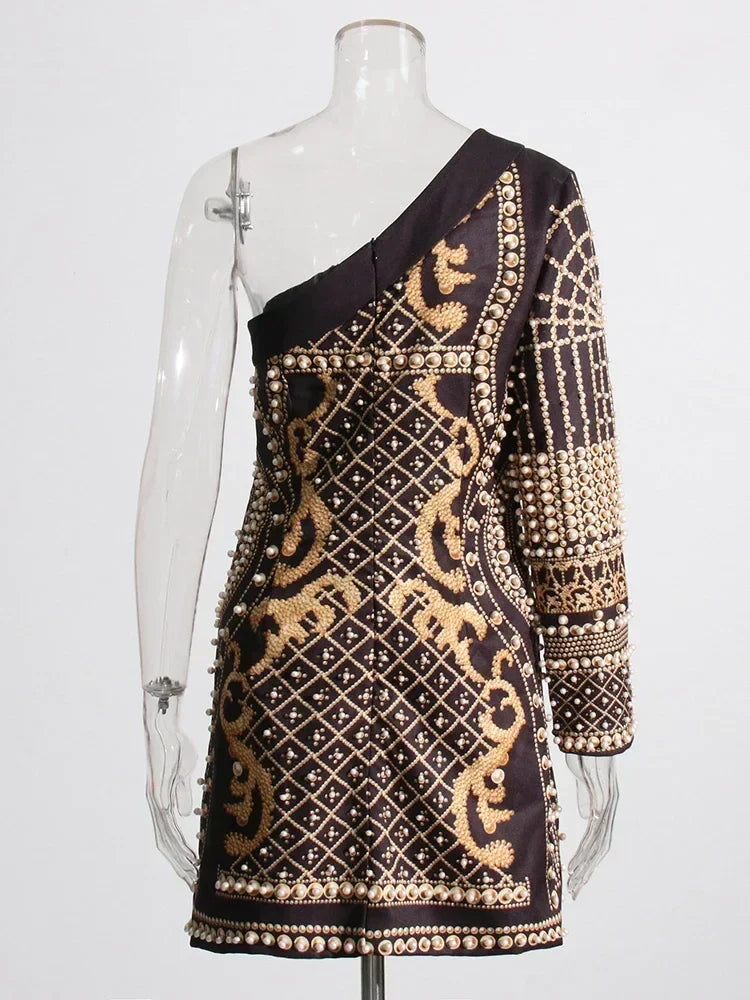One Shoulder Pearl Beaded Baroque Lattice Embellished Mini Dress 6