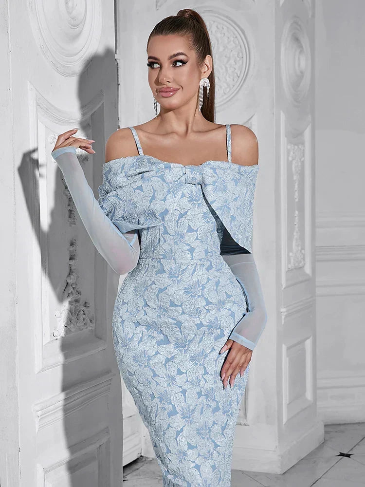 Spaghetti Strap Draped Bow Overlay Floral Lace Mesh Sleeve Midi Dress 6