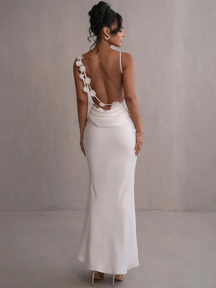 Spaghetti Strap Floral Applique Cowl Back Satin Maxi Dress 5